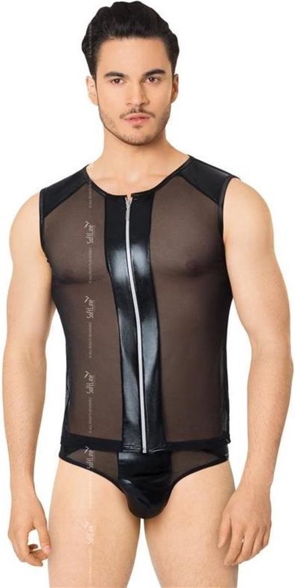 Netstof heren shirt en string met wetlook details  zwart XL