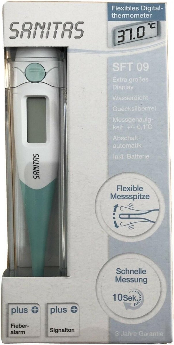 Sanitas SFT 09  Flexibele digitale thermometer - met koortsalarm - 10 sec meting  - grote display - kwikvrij - Meetnauwkeurigheid 0