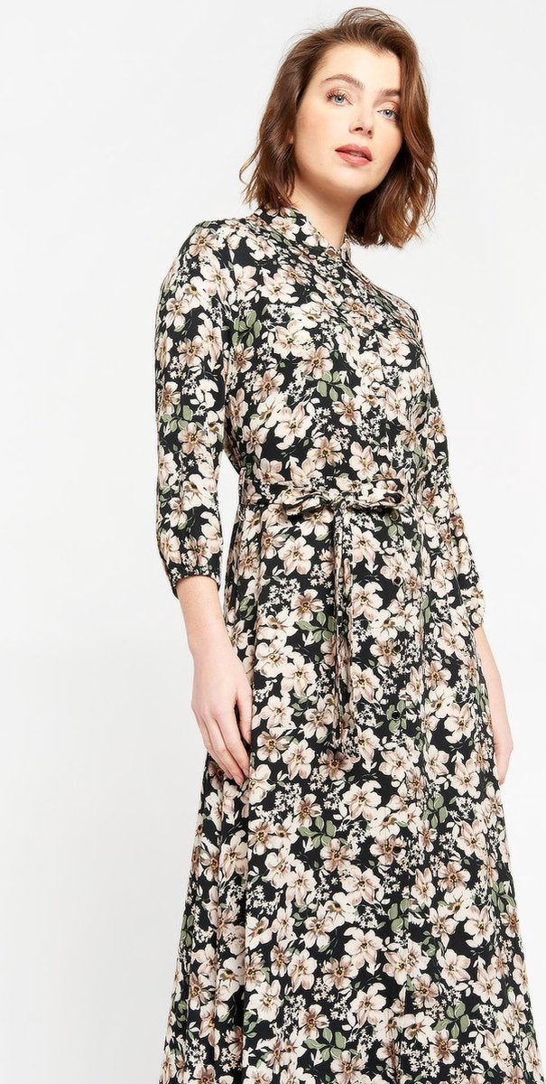 Hemdjurk met bloemen en driekwartsmouw - Zwart