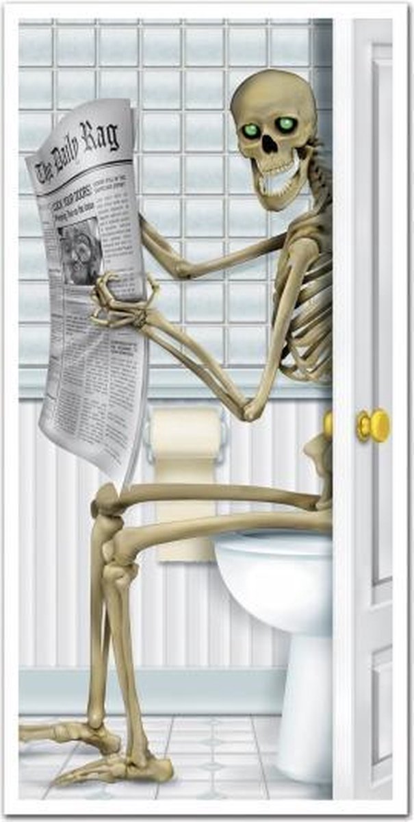 Halloween deurposter skelet op toilet