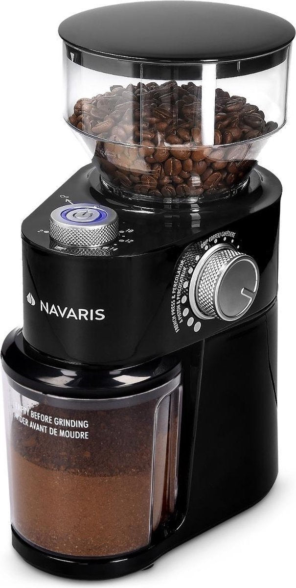 Elektrische koffiemolen met roestvrij stalen schijfmaalwerk - 200 W - Tot 14 kopjes koffie per keer - 18 maalgraden - Koffiezetapparaat