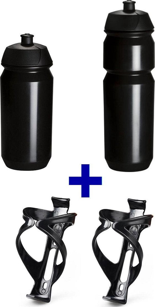 set Bidonnen met Ultralight Bidonhouders - bestaande uit 1x 500ml en 1x 750ML Tacx Shiva bidons met lichtgewicht bidonhouder - Zwart