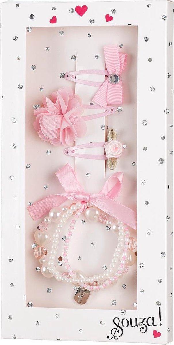 Rose & Romeo Souza Cadeauverpakking armband + 3 haar clipjes roze in cadeaudoosje