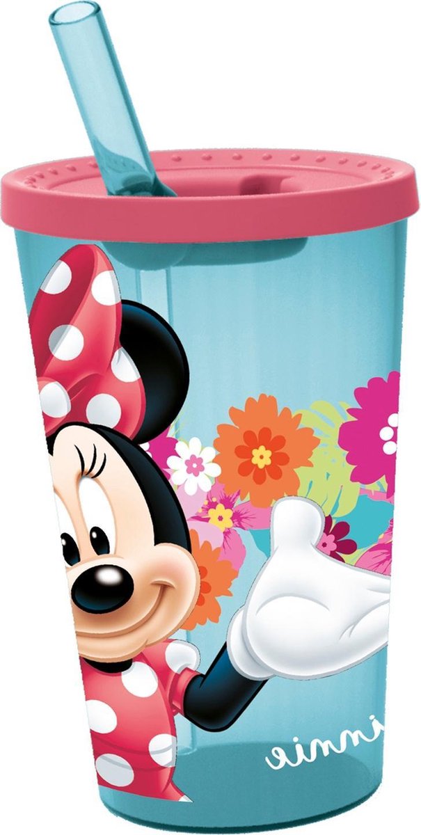 Stor Drinkbeker Met Rietje Minnie Mouse Roze/blauw 450 Ml