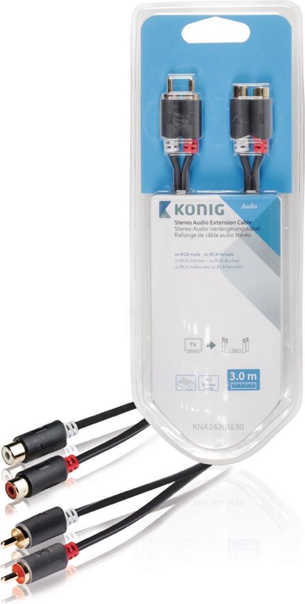 Stereo audio extension cable 2x RCA male - 2x female 3.00 m grey