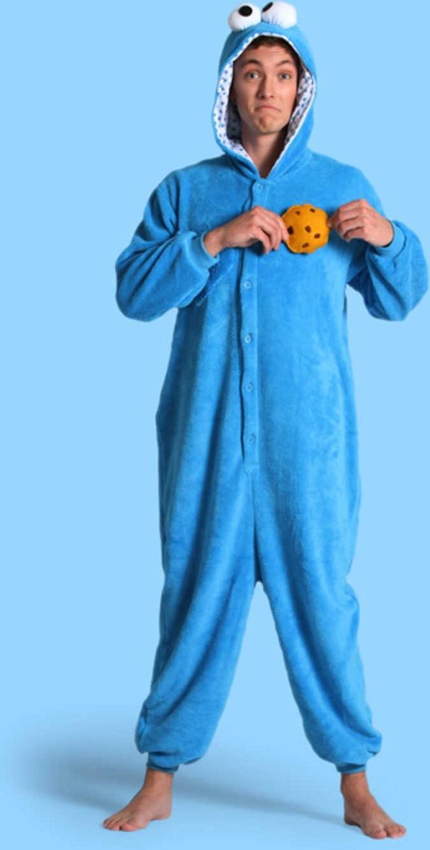 KIMU Onesie Koekiemonster pak kostuum Sesamstraat - maat S-M - blauw Koekiemonsterpak jumpsuit huispak