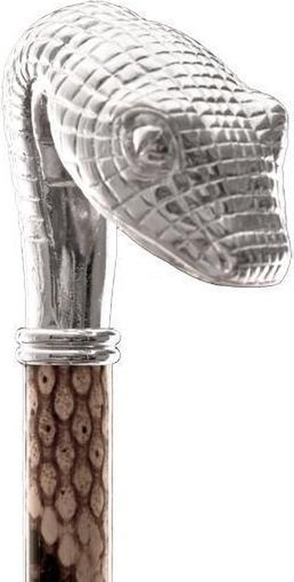 MadDeco - Python - met slangenprint bewerkte Beukenhouten wandelstok met zilver verguld handvat - Italiaans design