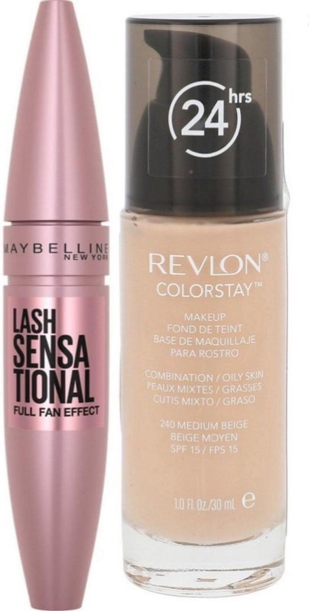 Revlon Colorstay Foundation With Pump - 240 Medium Beige (oily Skin)    + Maybelline Lash Sensational Volume Mascara - Very black - Zwart