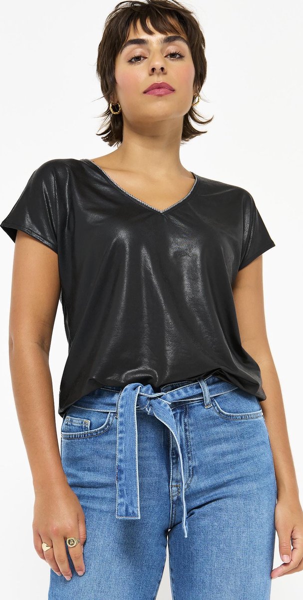 T-shirt van imitatieleer - Zwart
