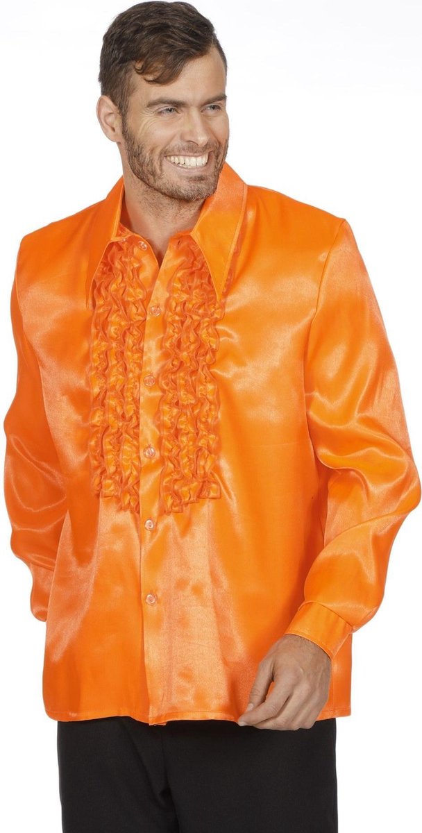 Blouse met ruches neon oranje satijn voor dame of heer
