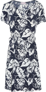 Cassis - Rechte jurk met bladprint - Marineblauw