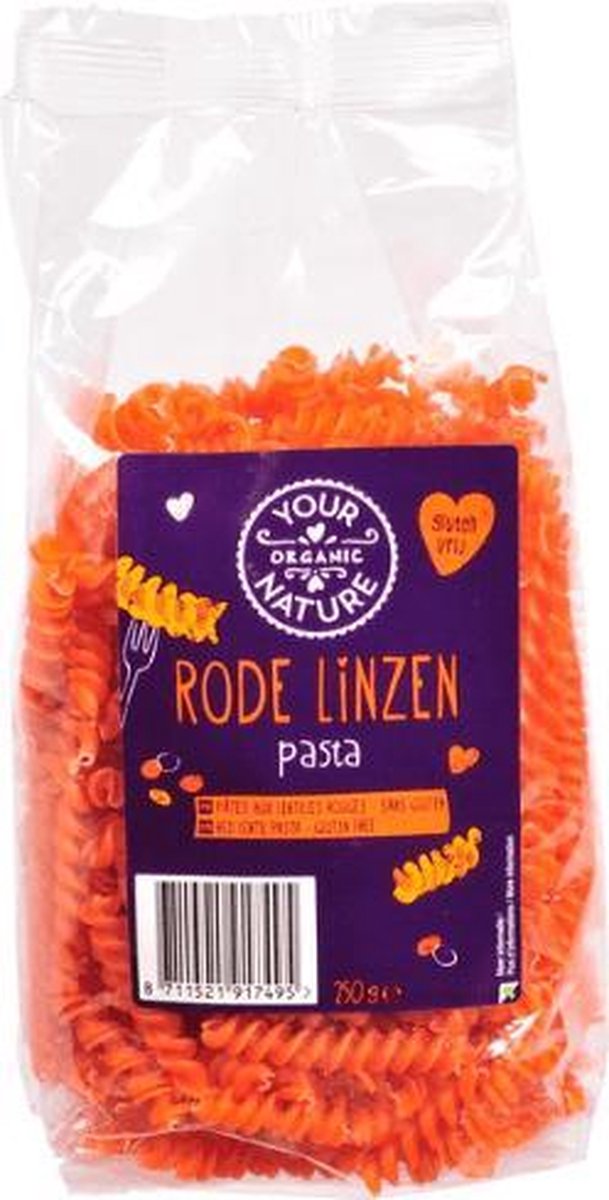 Rode linzen fusilli Your Organic Nature - Zak 250 gram - Biologisch