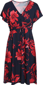 Cassis - Halflange jurk bedrukt met bloemen en bladeren - Rood
