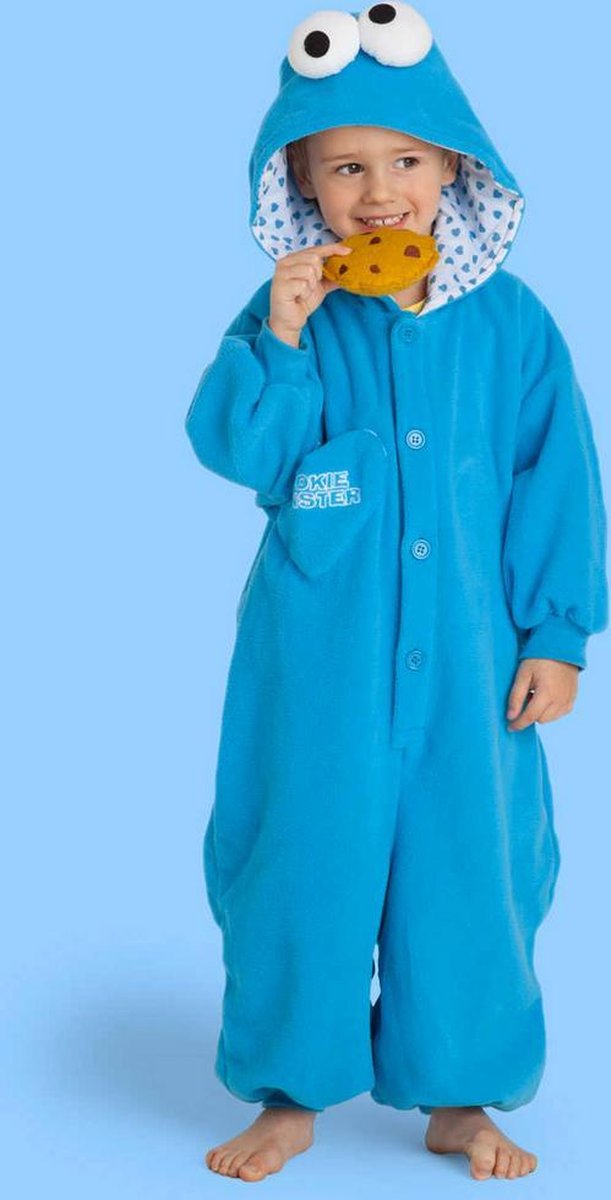 KIMU Onesie Koekiemonster kinder pak kostuum Sesamstraat - maat 146-152 - blauw Koekiemonsterpak jumpsuit pyjama