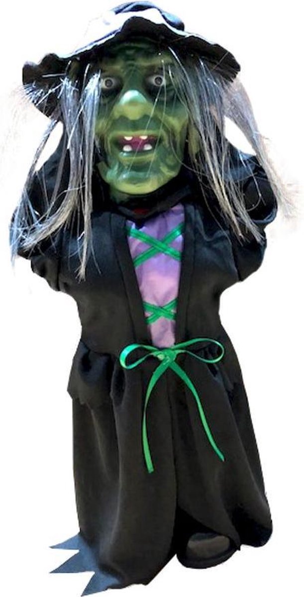 Groene Heks met Bewegend Hoofd | Halloween pop | Met Licht en Geluid | 40 cm excl. batterijen