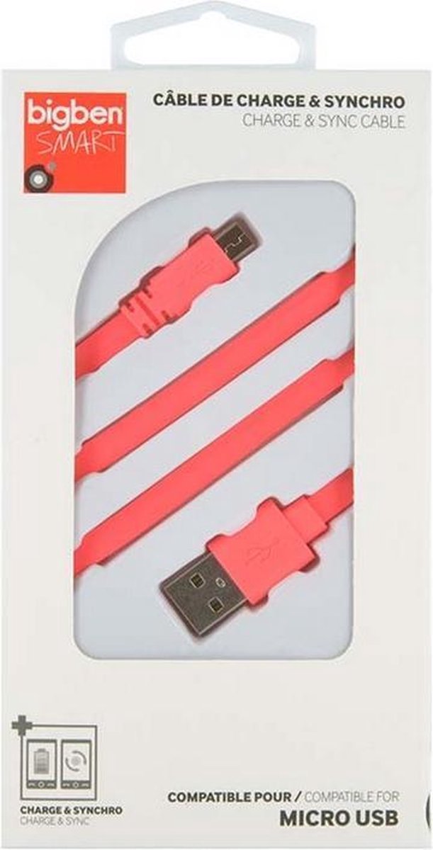 Bigben Interactive CABLEFLATMICP USB-kabel 1 m USB 2.0 USB A Micro-USB B Roze