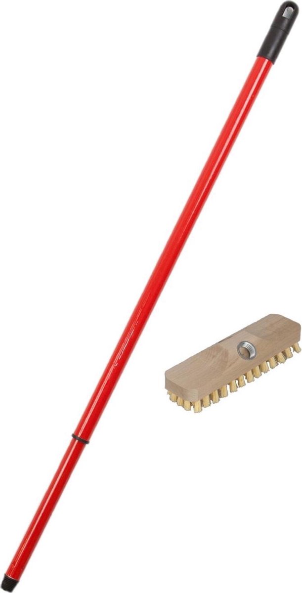 Houten luiwagen schrobborstel/schrobber inclusief metalen telescoopsteel rood 130 cm - Schoonmaakborstels