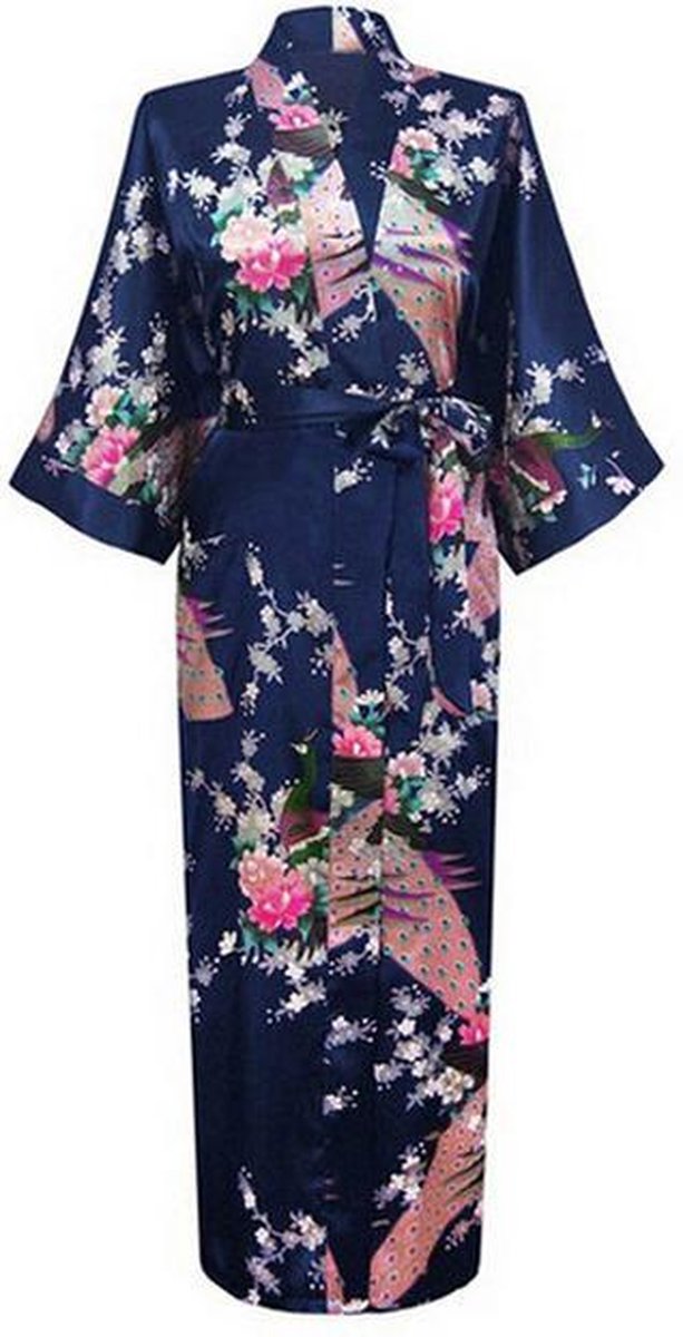 Japanse donkerblauwe kimono yukata geisha 7/8 jas - maat XS-S - 152 158 164 donkerblauw lang vest Aziatische ochtendjas kamerjas wrap dress Japan badjas - tot op de enkels festival