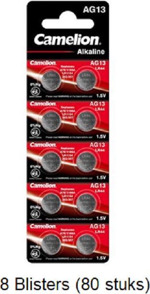 80 stuks (8 blisters a 10 stuks) Camelion Alkaline LR44 AG13 1.5V 0% Mecury