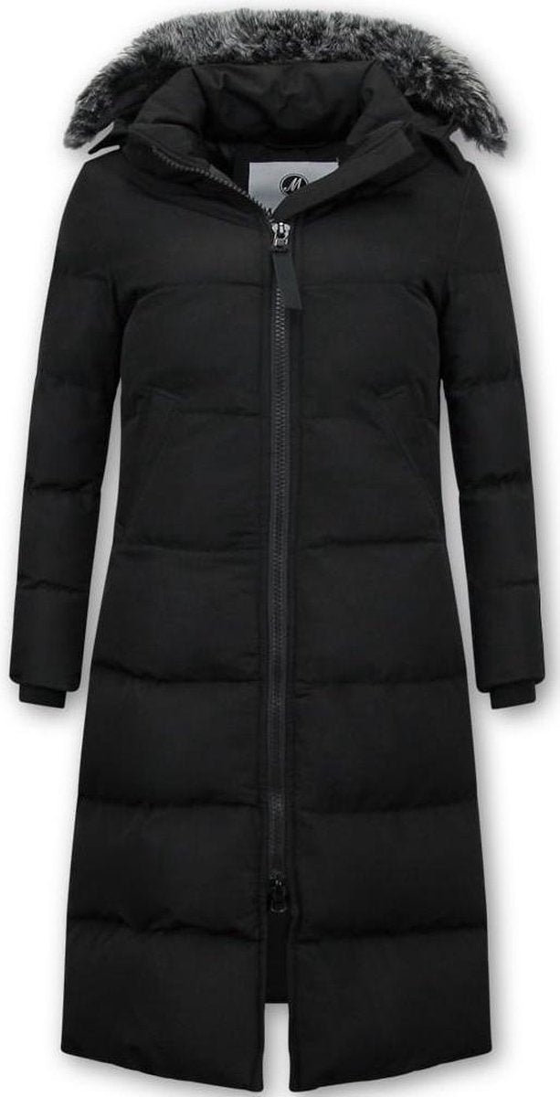MATOGLA Extra Lange Winterjas Dames met Kunst Bontkraag - Zwart