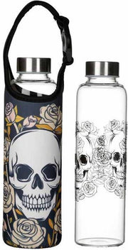 Glazen waterfles met houder - Schedels en Rozen