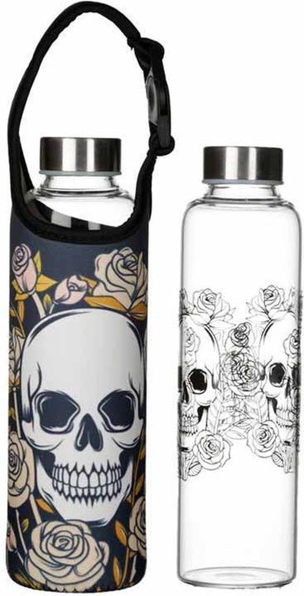 Glazen waterfles met houder - Schedels en Rozen