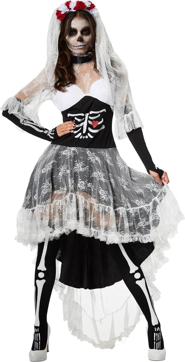 dressforfun - Griezelige skeletbruid M  - verkleedkleding kostuum halloween verkleden feestkleding carnavalskleding carnaval feestkledij partykleding - 302006