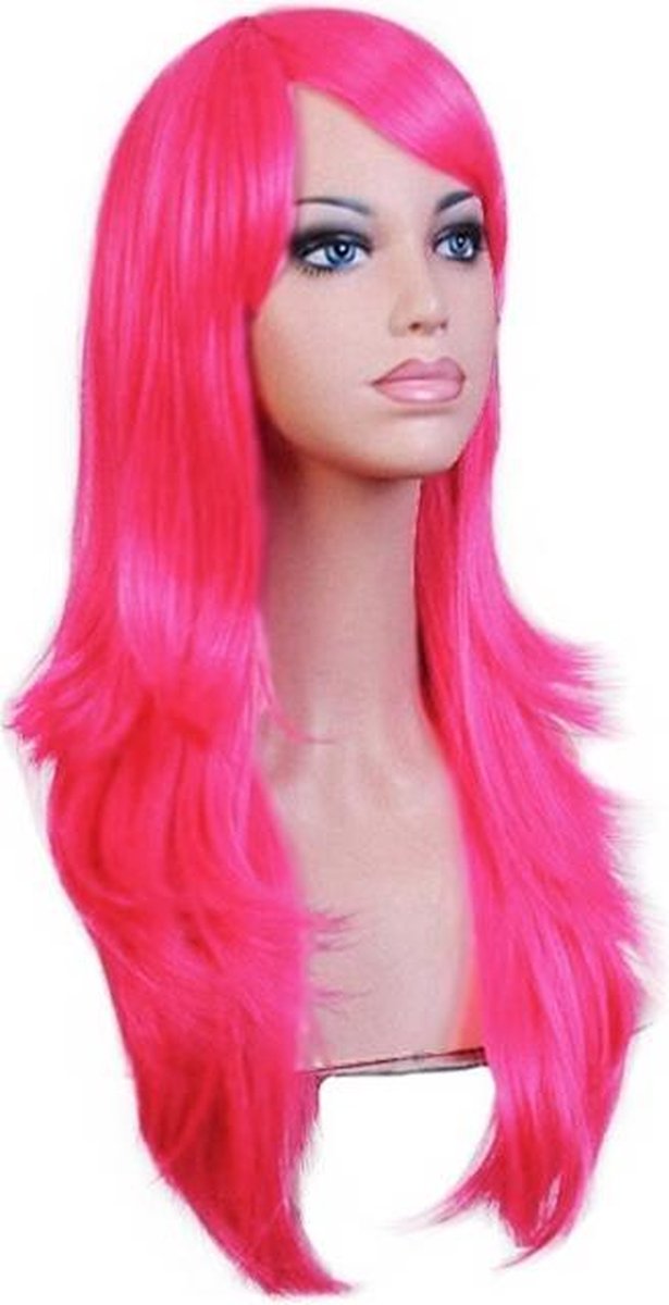 KIMU luxe lange neon roze pruik roze unicorn - lang haarwerk met schuine pony - UV fluo fluoriserend blacklight unicorn