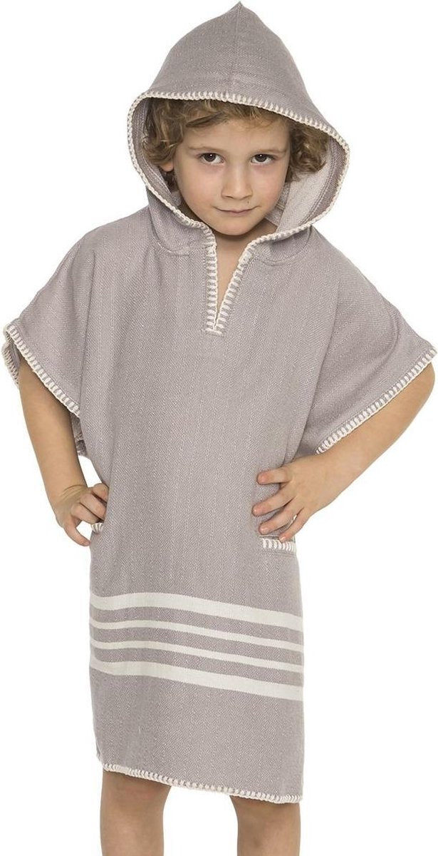 Kinder Strandponcho Hamam Light Grey - Leeftijd 8-9 Jaar - Jongens/meisjes/unisex Pasvorm - Poncho Handdoek Voor Kinderen Met Capuchon - Zwemponcho - Badcape