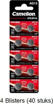 40 stuks (4 blisters a 10 stuks) Camelion Alkaline LR44 AG13 1.5V 0% Mecury
