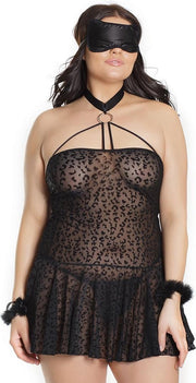 Kitty Leopard Babydoll with Cuffs & Eye Mask - Black - QS