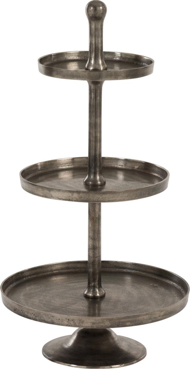 J-Line Plateau Op Voet 3 Niveaus Rond Aluminium Antiek Grijs