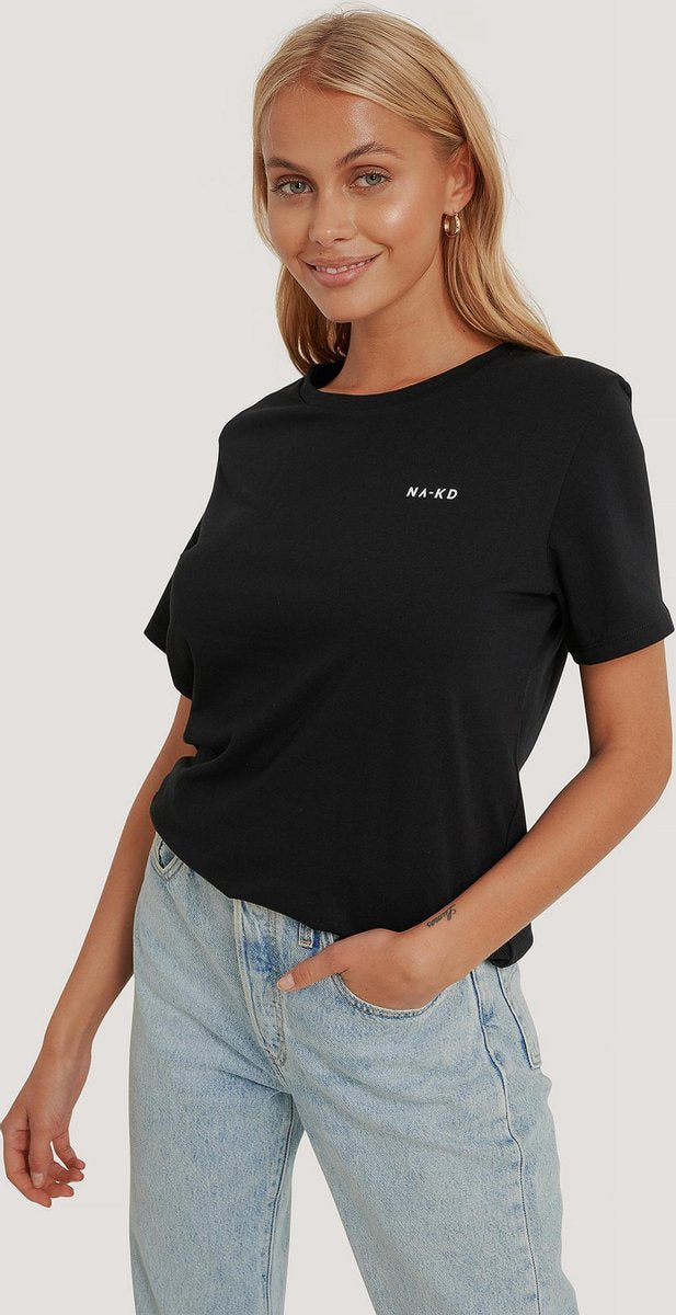 NA-KD Basic Logo Vrouwen T-shirt - Black - Maat S