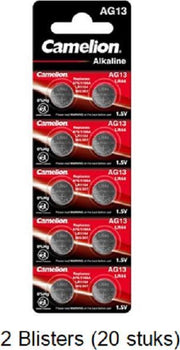 20 stuks (2 blisters a 10 stuks) Camelion Alkaline LR44 AG13 1.5V 0% Mecury