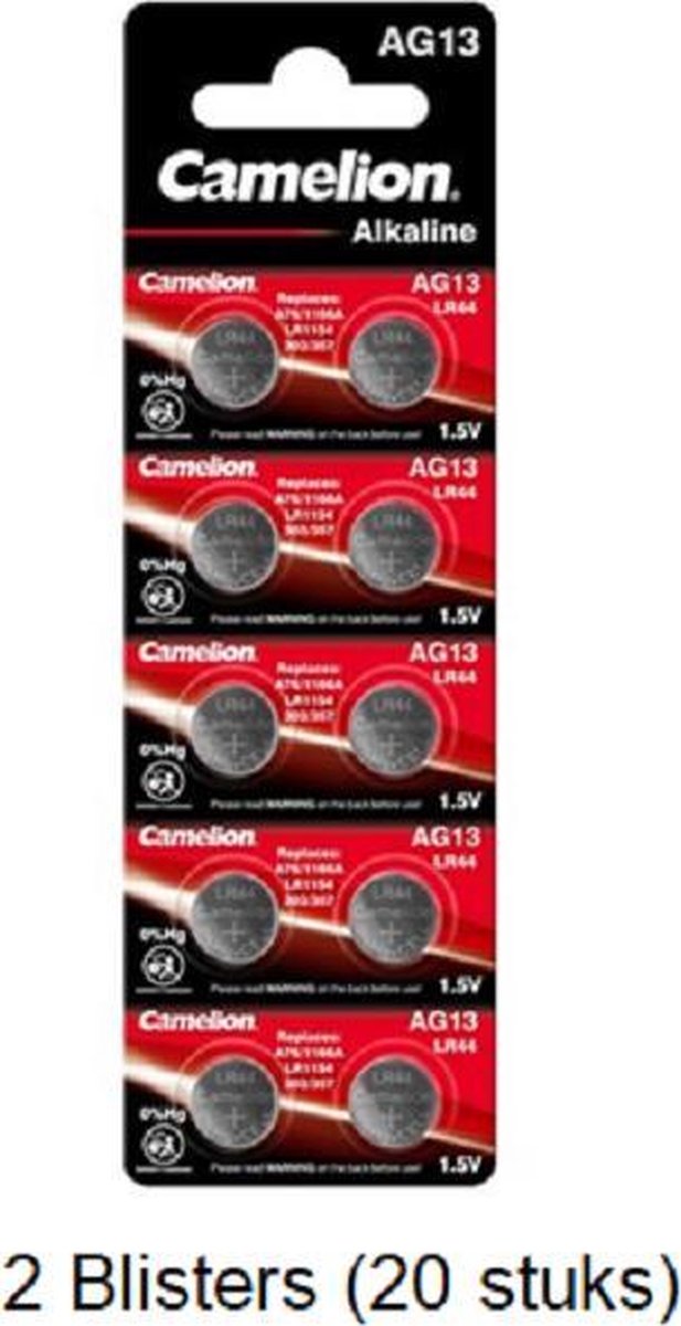 20 stuks (2 blisters a 10 stuks) Camelion Alkaline LR44 AG13 1.5V 0% Mecury
