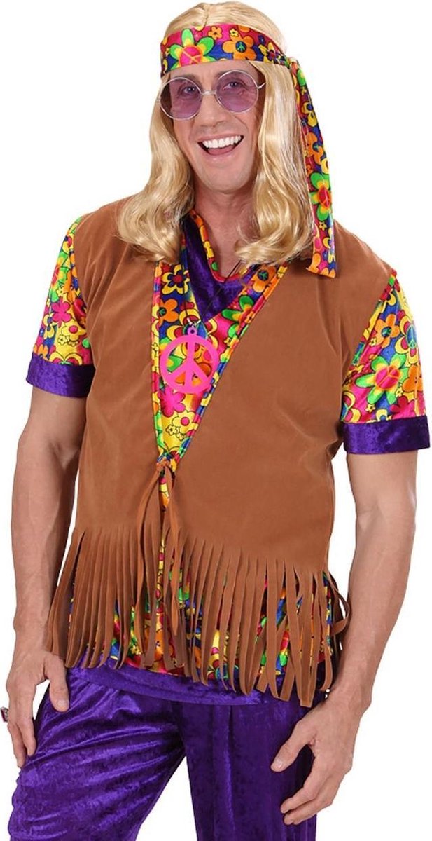 Bruin hippie vest met franjes en hoofdband voor mannen - Volwassenen kostuums