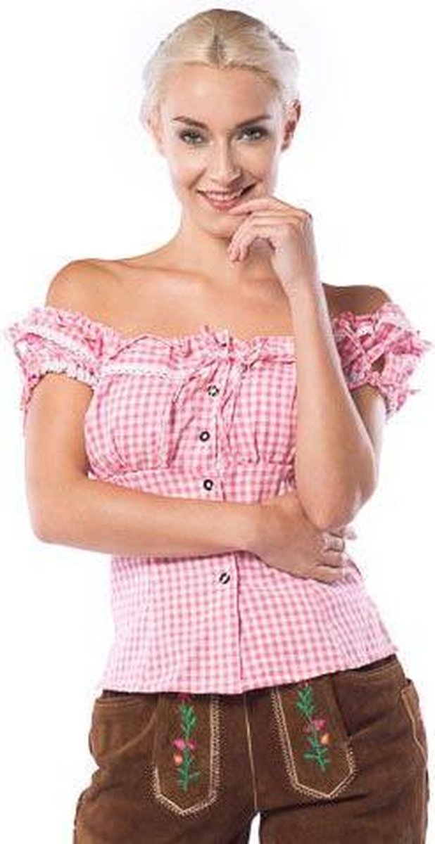 Boeren Tirol & Oktoberfest Kostuum | Liesl Oktoberfest Blouse Roze / Wit Vrouw | Maat 44 | Bierfeest | Verkleedkleding