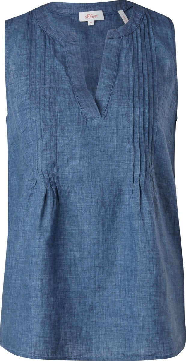 s.Oliver Blouse Dames Mouwloos - Regular Fit - V Hals - 100% Linnen - Donkerblauw - Maat XXL (44)