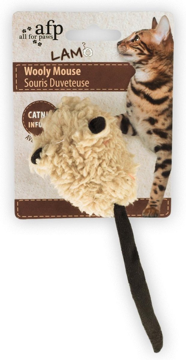 Afp wooly mouse lamswol met piep en catnip assorti 7x7x3 cm