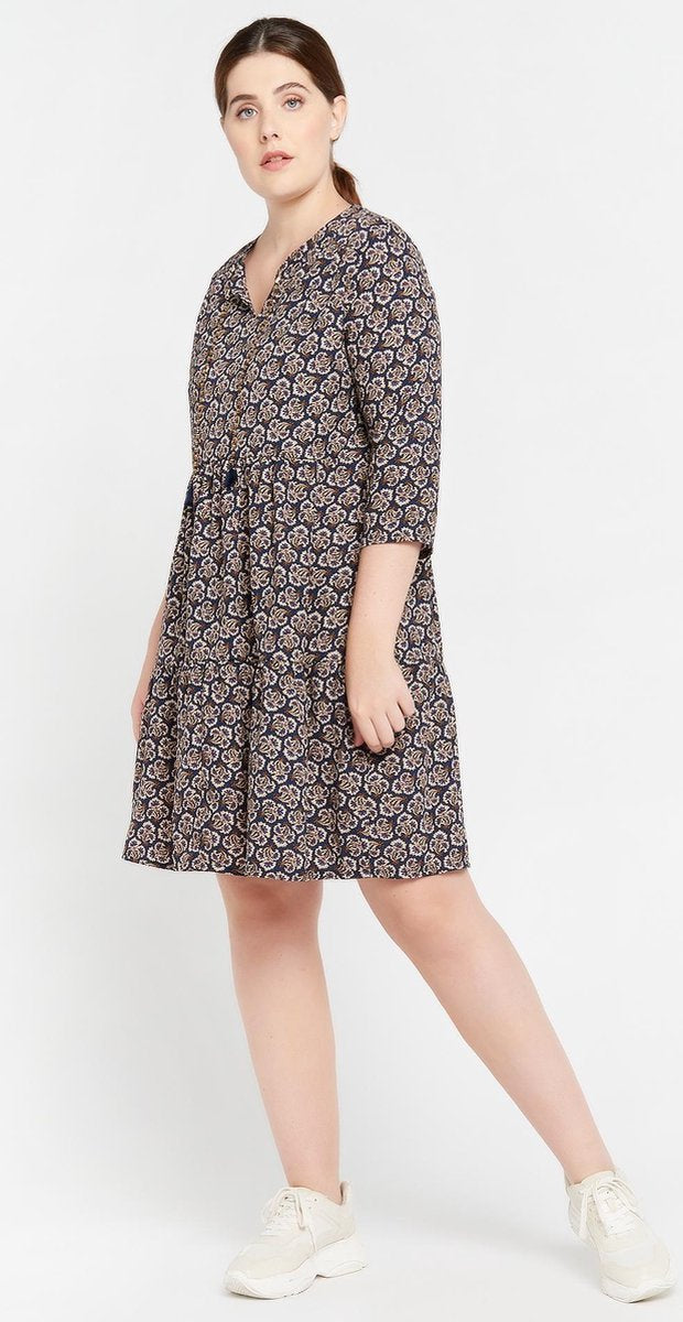 Mini jurk met bloemen print en touwtjes - Marine Blauw