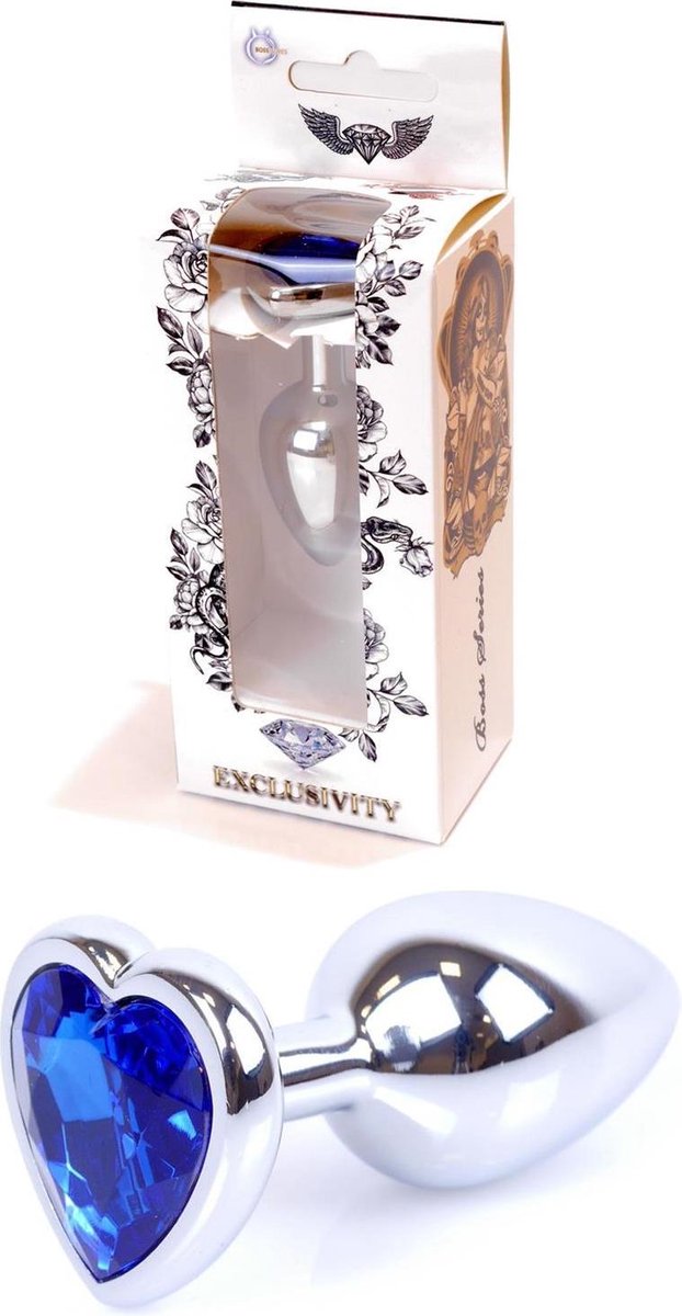 Bossoftoys - Heart Design Silver Plug - Silver - Anal - Heart - Dark Blue Stone - Length 7 Cm - Dia 2