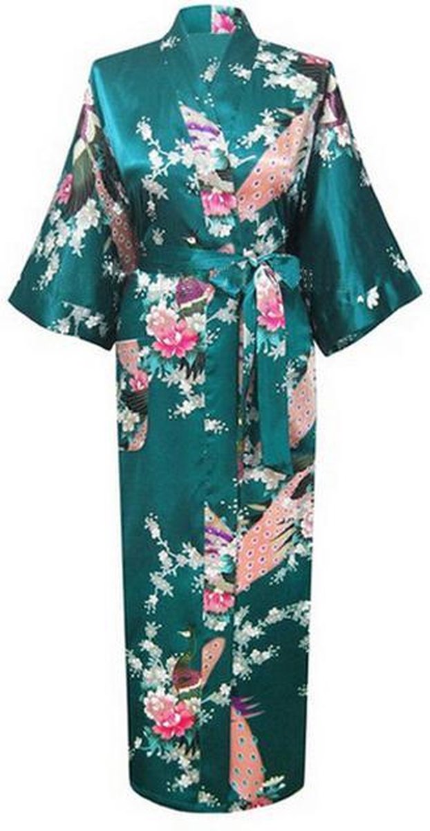 KIMU® kimono petrol satijn - maat L-XL - ochtendjas yukata groen kamerjas badjas - onder de knie
