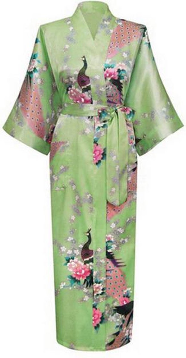 KIMU® kimono groen satijn - maat M-L - ochtendjas yukata kamerjas badjas - boven de enkels