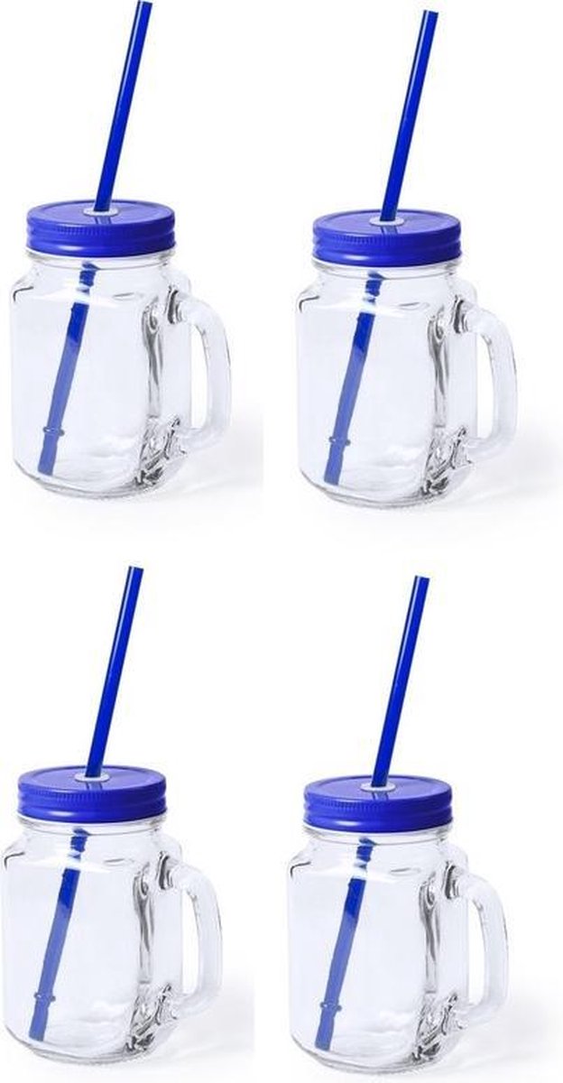 6x stuks Glazen Mason Jar drinkbekers blauwe dop en rietje 500 ml - afsluitbaar/niet lekken/fruit shakes