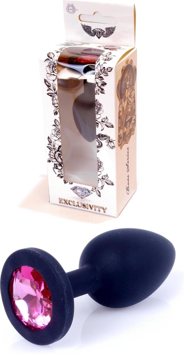 Bossoftoys - Black Silicone Anal Plug - Medium Size Anal Plug With Pink Stone - Length 8 Cm - Dia 3
