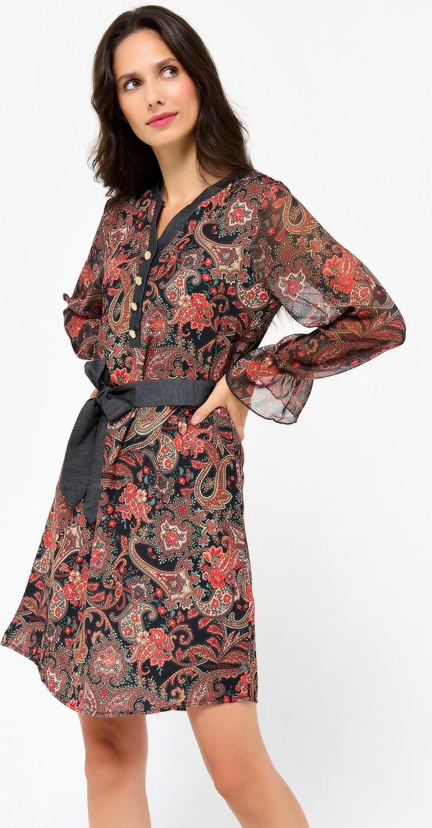 Halflange jurk met print en ceintuur - Zwart