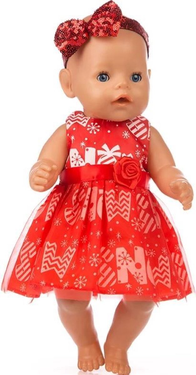 Poppenkleertjes - Geschikt voor Baby Born - Jurk met haarband - Rood - Nette jurk voor kerst