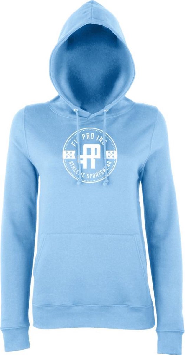 FitProWear  Hoodie Dames  Badge - Lichtblauw  - Maat XL - Dames  - Trui - Slim Fit - Slim Fit Trui - Getailleerde trui - Trui getailleerd - Sporttrui - Sweater - Hoodie - Katoen / Polyester - Trui Capuchon - Sportkleding -