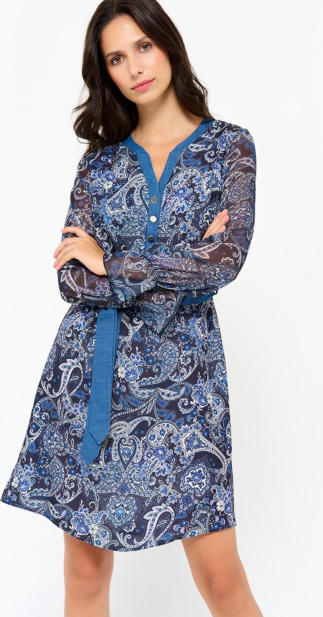 Halflange jurk met print en ceintuur - Marine Blauw