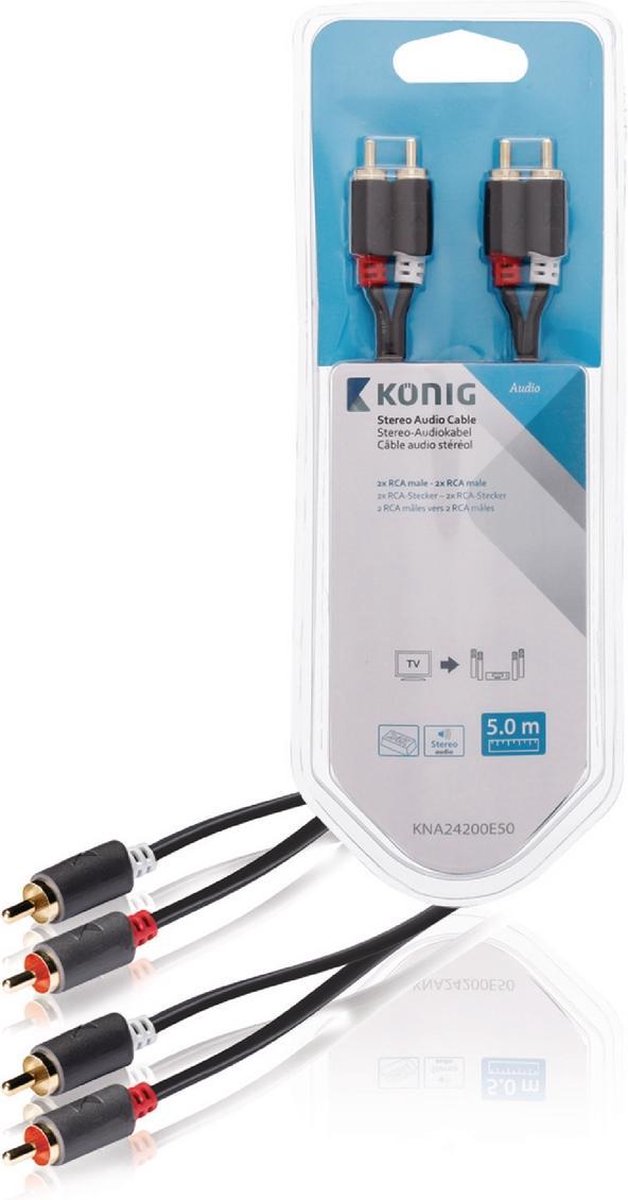 Stereo audio cable 2x RCA male - 2x male 5.00 m grey